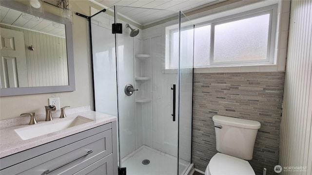 bathroom with tile walls, toilet, a stall shower, and vanity