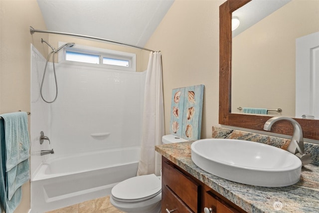 full bath with toilet, vanity, vaulted ceiling, and shower / tub combo