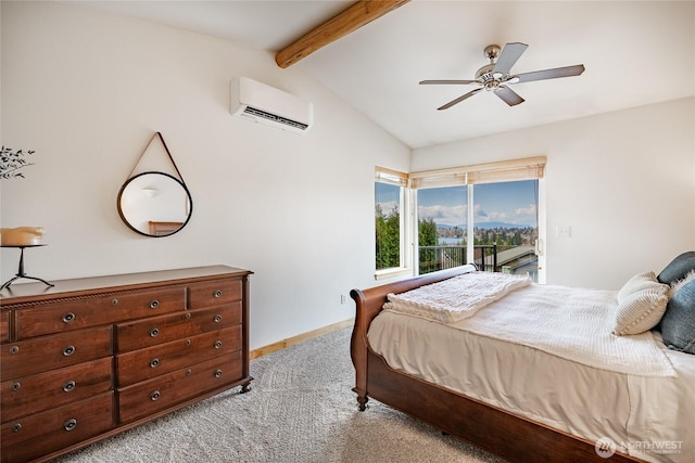 2932 Huntington St, Bellingham, WA 98226 - bedroom with access to outside, baseboards, light carpet, a wall unit AC, and vaulted ceiling with beams
