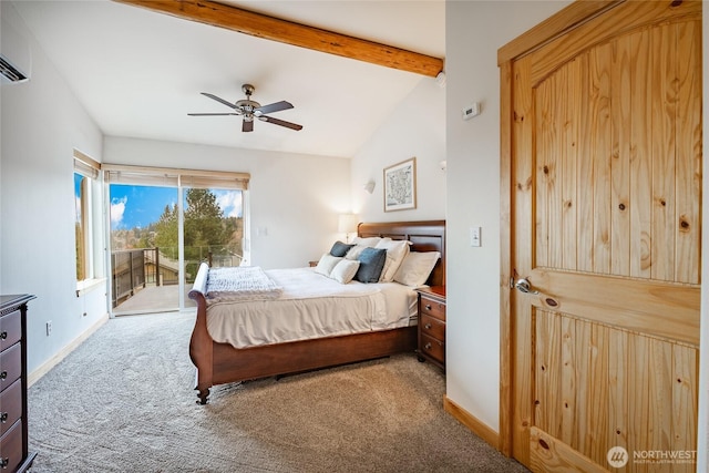 2932 Huntington St, Bellingham, WA 98226 - carpeted bedroom featuring a ceiling fan, access to exterior, vaulted ceiling with beams, an AC wall unit, and baseboards