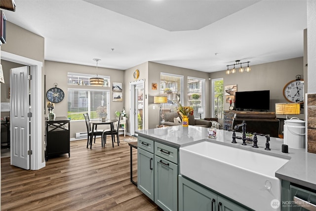 kitchen with a wealth of natural light, open floor plan, a sink, and dark wood-type flooring