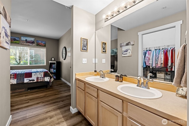 bathroom featuring baseboards, wood finished floors, a sink, and double vanity