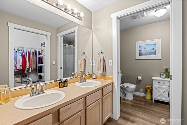 bathroom featuring toilet, wood finished floors, a sink, and double vanity