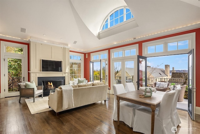 463 39th Ave E, Seattle, WA 98112 - living room with high vaulted ceiling, dark wood-type flooring, visible vents, and a large fireplace