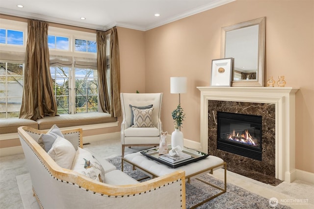 463 39th Ave E, Seattle, WA 98112 - living area featuring baseboards, recessed lighting, crown molding, and a fireplace