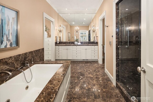 463 39th Ave E, Seattle, WA 98112 - full bathroom with a garden tub, a stall shower, vanity, marble finish floor, and ornamental molding