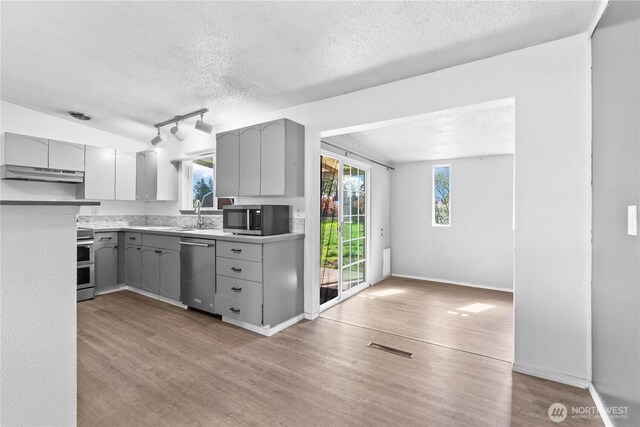 kitchen with gray cabinets, stainless steel appliances, under cabinet range hood, a textured ceiling, and wood finished floors