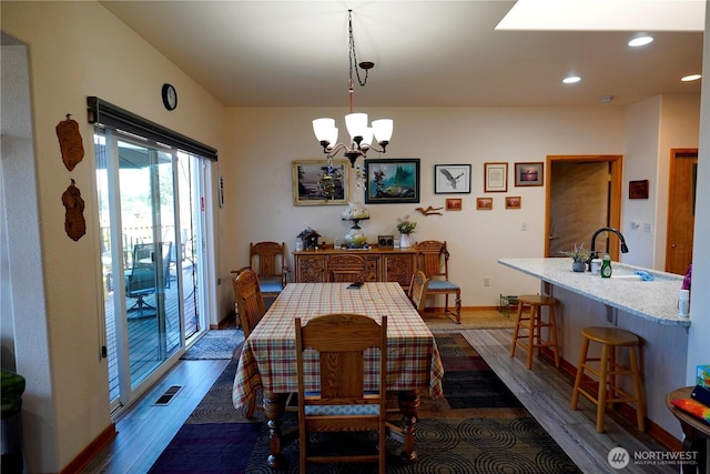 230 Choice Loop, Sequim, WA 98382 - dining space with a chandelier, baseboards, visible vents, recessed lighting, and dark wood-style flooring
