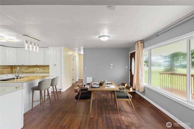 dining space featuring baseboards and dark wood finished floors