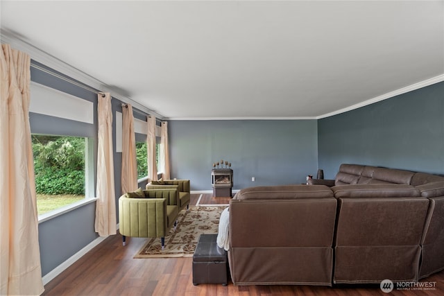living room with ornamental molding, baseboards, a wood stove, and wood finished floors