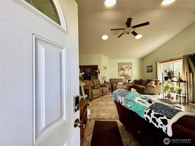 bedroom featuring lofted ceiling, ceiling fan, and recessed lighting