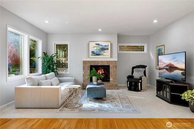17955 SE 60th St, Bellevue, WA 98006 - living area featuring baseboards, a tile fireplace, and recessed lighting