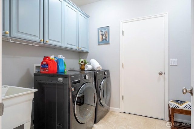 17955 SE 60th St, Bellevue, WA 98006 - clothes washing area with washing machine and dryer, a sink, light tile patterned floors, baseboards, and cabinet space