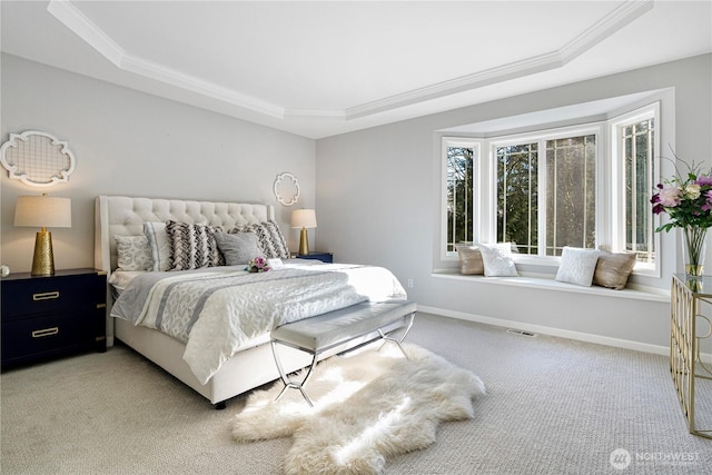 17955 SE 60th St, Bellevue, WA 98006 - bedroom with crown molding, a tray ceiling, baseboards, and visible vents