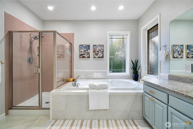 17955 SE 60th St, Bellevue, WA 98006 - bathroom featuring a stall shower, vanity, tile patterned flooring, and a bath
