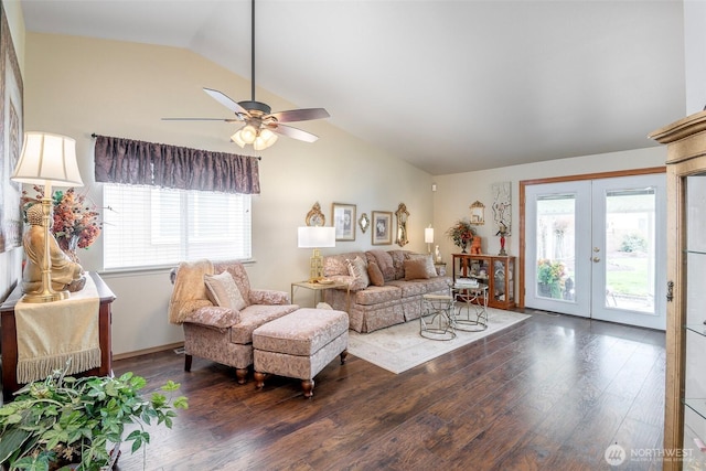 living room with lofted ceiling, wood finished floors, french doors, and a ceiling fan