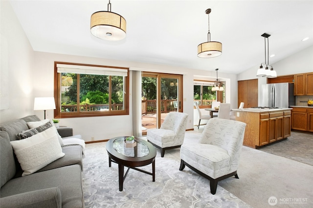 3429 167th Ave SE, Bellevue, WA 98008 - living room featuring lofted ceiling and light colored carpet
