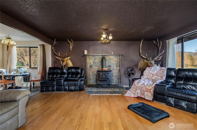 192 Meade Hill Rd, Glenoma, WA 98336 - living room featuring a wood stove, a textured ceiling, wood finished floors, and a healthy amount of sunlight