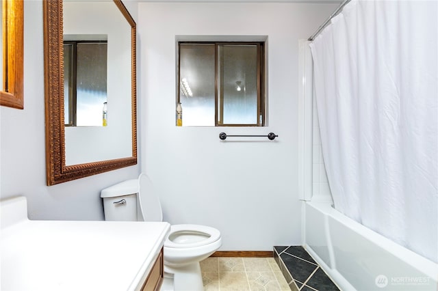 192 Meade Hill Rd, Glenoma, WA 98336 - bathroom featuring toilet, shower / tub combo with curtain, vanity, tile patterned flooring, and baseboards