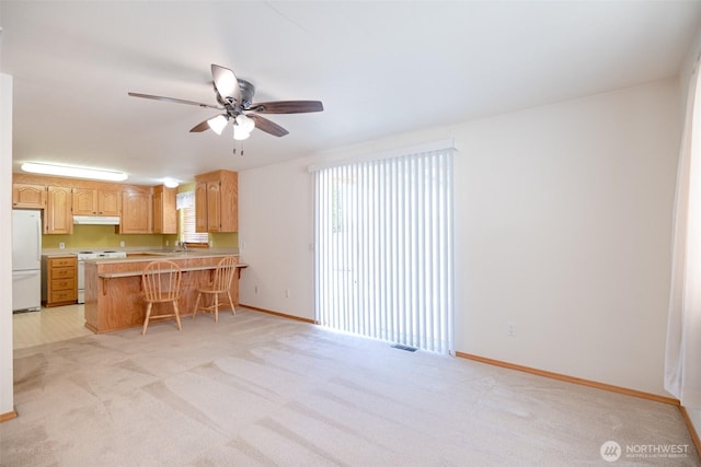 kitchen featuring white appliances, a peninsula, a ceiling fan, under cabinet range hood, and light countertops