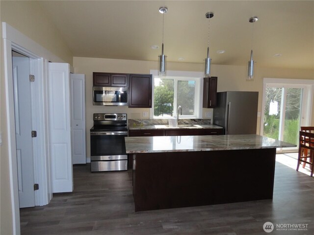 943 Silver King Ave SE, Ocean Shores, WA 98569 - kitchen featuring stainless steel appliances, healthy amount of natural light, dark brown cabinetry, and dark wood-type flooring