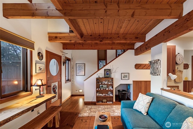681 Smugglers Cove Rd, Friday Harbor, WA 98250 - living room featuring beam ceiling, wooden ceiling, hardwood / wood-style flooring, and stairway