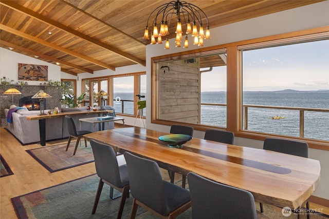 681 Smugglers Cove Rd, Friday Harbor, WA 98250 - dining space with wooden ceiling, lofted ceiling with beams, wood finished floors, a water view, and an inviting chandelier