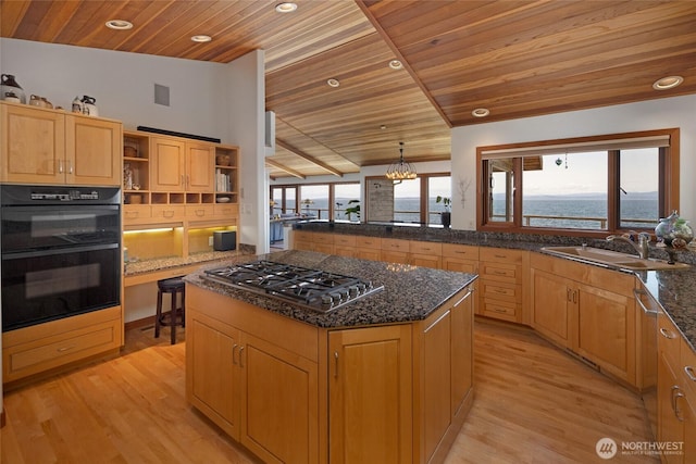 681 Smugglers Cove Rd, Friday Harbor, WA 98250 - kitchen featuring a sink, open shelves, light wood finished floors, dobule oven black, and stainless steel gas stovetop