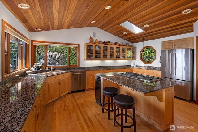 681 Smugglers Cove Rd, Friday Harbor, WA 98250 - kitchen with vaulted ceiling with skylight, wood ceiling, a sink, appliances with stainless steel finishes, and glass insert cabinets