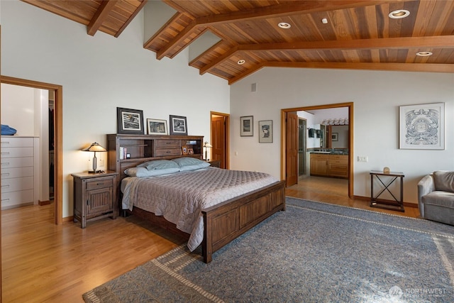 681 Smugglers Cove Rd, Friday Harbor, WA 98250 - bedroom with beamed ceiling, recessed lighting, wooden ceiling, and light wood finished floors