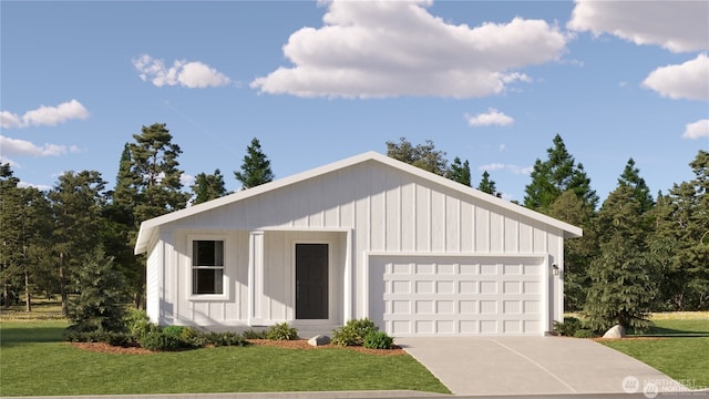 view of front of home with board and batten siding, a garage, concrete driveway, and a front yard