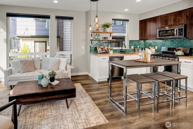 kitchen with tasteful backsplash, stainless steel appliances, a sink, dark wood-style floors, and dark brown cabinets