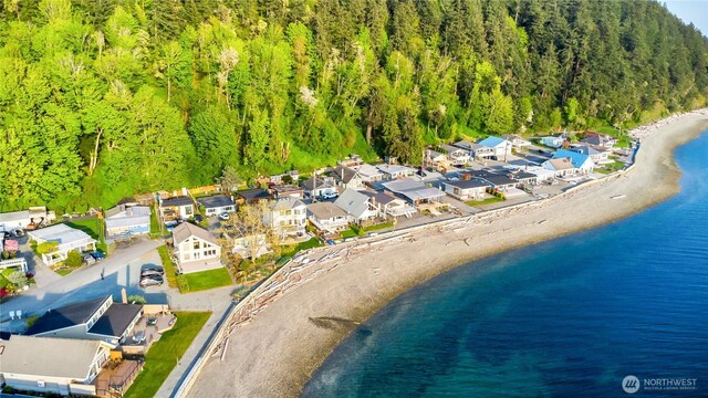 aerial view featuring a water view, a view of trees, and a residential view