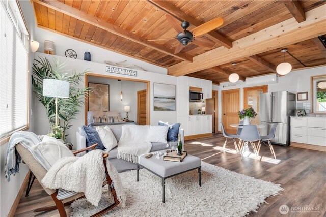 living area with dark wood-style flooring, ceiling fan, wood ceiling, and beam ceiling