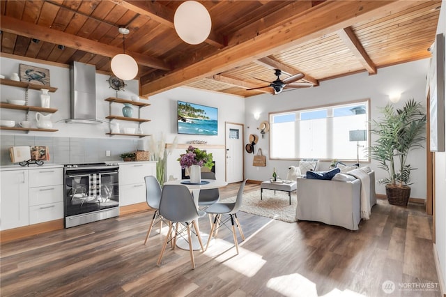 living room with a ceiling fan, wood ceiling, dark wood-style flooring, and beam ceiling