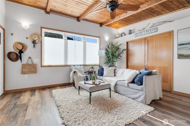 living room with wood ceiling, ceiling fan, beam ceiling, wood finished floors, and baseboards