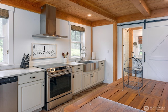 kitchen with a sink, wall chimney exhaust hood, wooden ceiling, and appliances with stainless steel finishes