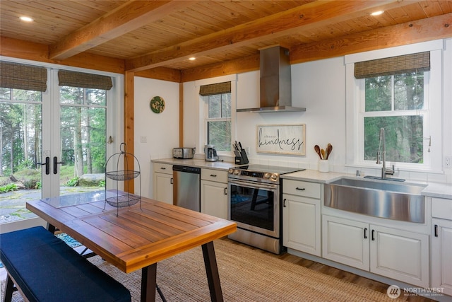 kitchen featuring wooden ceiling, a sink, wall chimney range hood, white cabinets, and appliances with stainless steel finishes