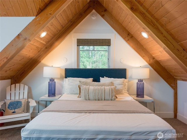 bedroom with baseboards, lofted ceiling with beams, wooden ceiling, and carpet floors