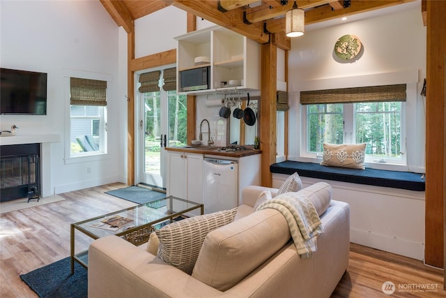 living area featuring light wood finished floors, beamed ceiling, high vaulted ceiling, and a healthy amount of sunlight