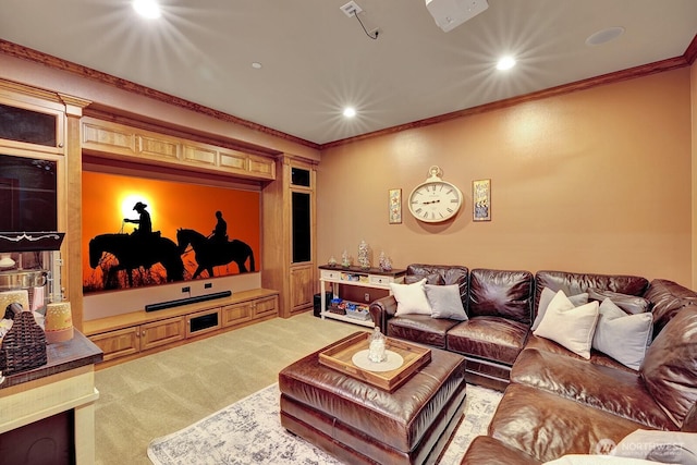 living area with recessed lighting, light colored carpet, and ornamental molding