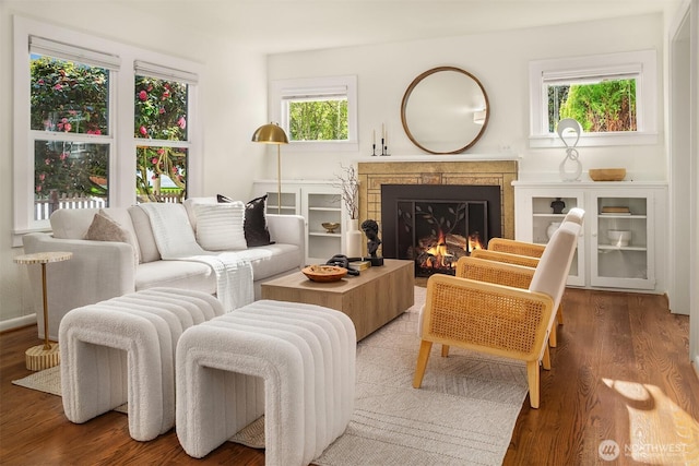 living area featuring a lit fireplace and wood finished floors