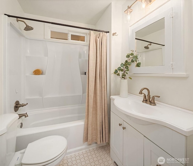 bathroom with toilet, tile patterned floors, shower / bathtub combination with curtain, and vanity
