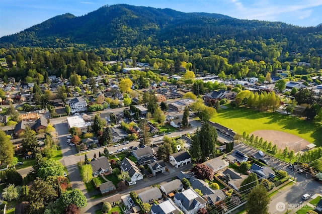 birds eye view of property with a view of trees, a mountain view, and a residential view
