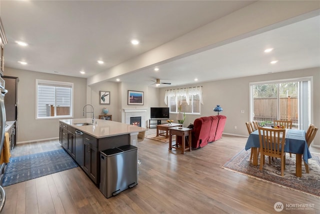 26334 203rd Pl SE, Covington, WA 98042 - kitchen featuring a warm lit fireplace, wood finished floors, ceiling fan, light countertops, and open floor plan