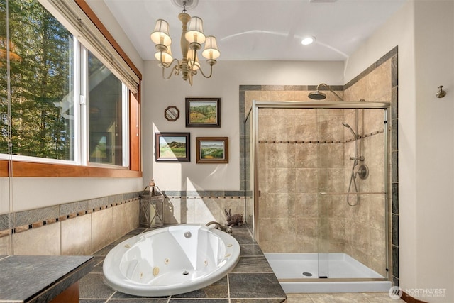 27909 SE 268th St, Ravensdale, WA 98051 - bathroom with a tub with jets, a chandelier, and a shower stall