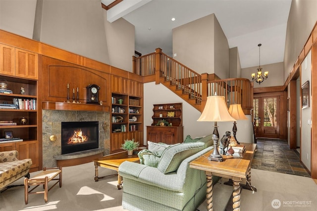 27909 SE 268th St, Ravensdale, WA 98051 - living room featuring a fireplace, high vaulted ceiling, a chandelier, and beamed ceiling