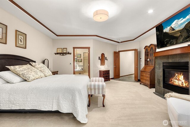 27909 SE 268th St, Ravensdale, WA 98051 - bedroom featuring carpet floors, a tile fireplace, and recessed lighting