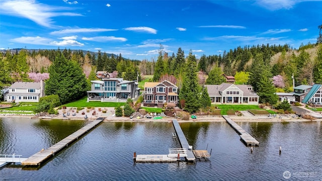 dock area with a forest view and a water view