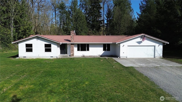 single story home with concrete driveway, a front yard, crawl space, and an attached garage